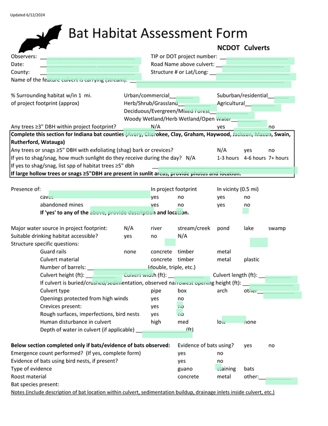 Bat Habitat Assessment Form screenshot