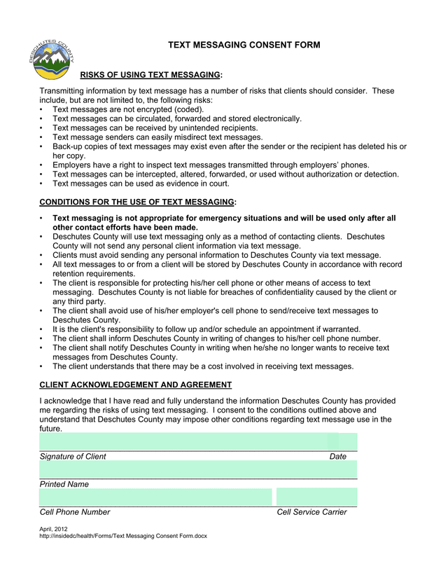 Text Messaging Consent Form screenshot