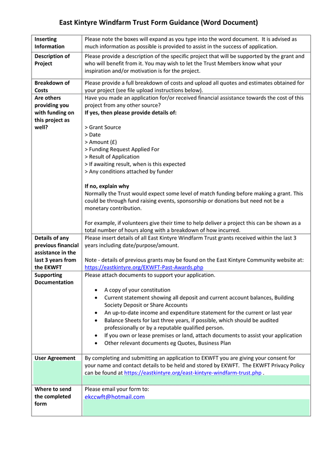 East Kintyre Windfarm Trust Form Guidance screenshot