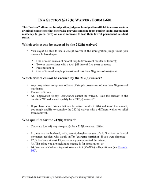INA Section 212(H) Waiver  Form I 601 screenshot