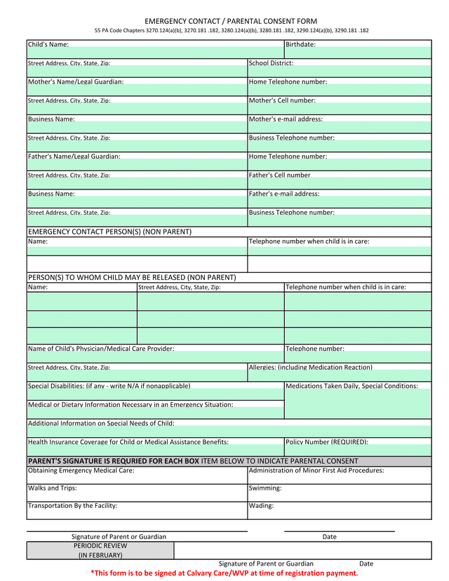 EMERGENCY CONTACT  PARENTAL CONSENT FORM screenshot