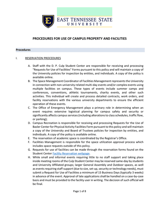 PROCEDURES FOR USE OF CAMPUS PROPERTY AND FACILITIES screenshot