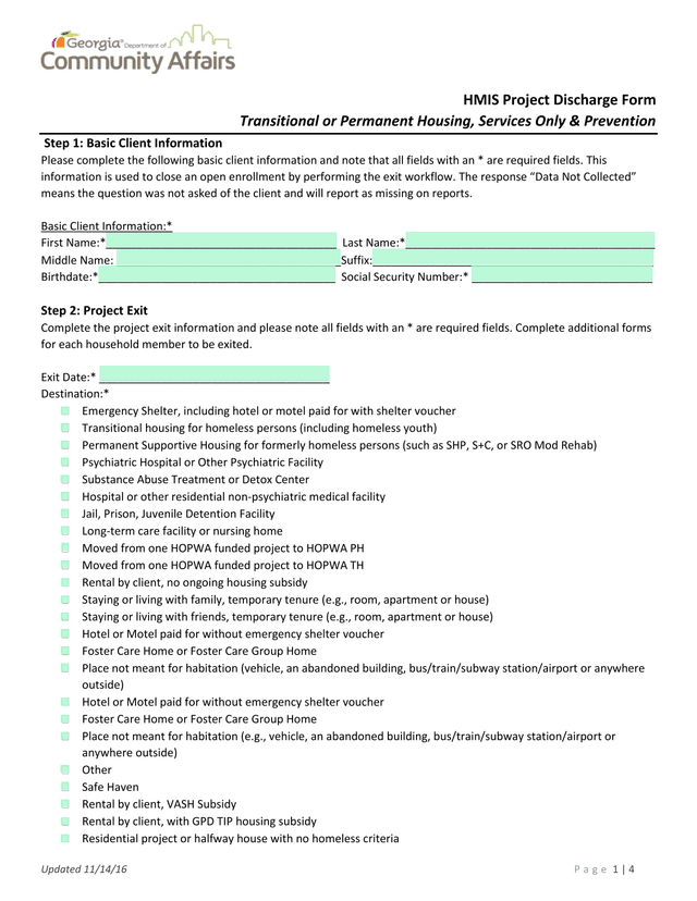 HMIS Project Discharge Form screenshot
