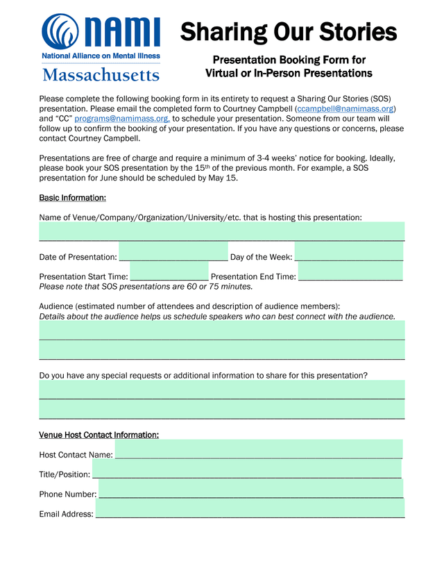 Sharing Our Stories (SOS) Presentation Booking Form For Virtual Or In Person Presentations screenshot