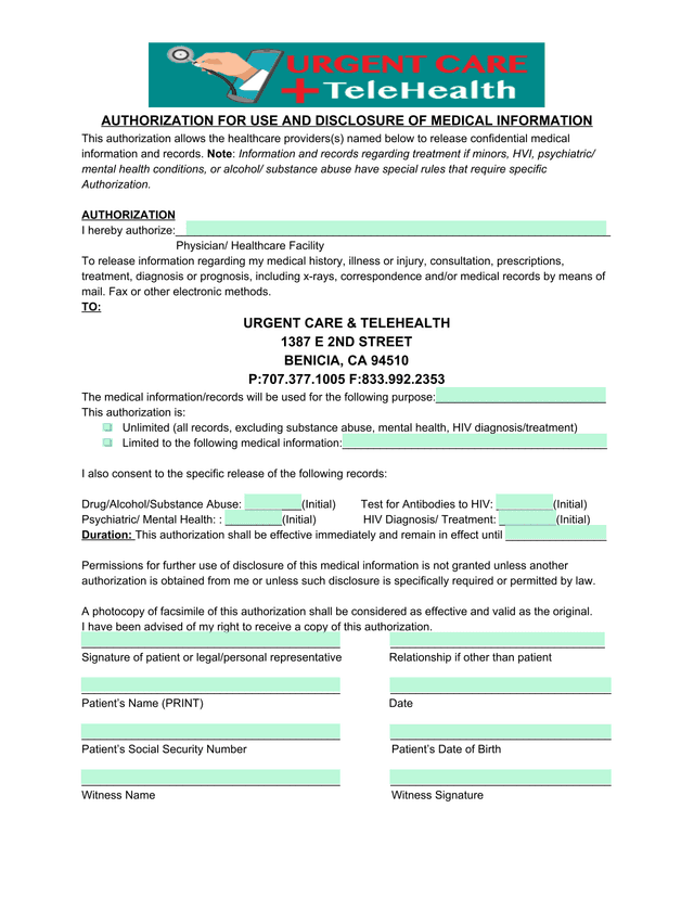 Authorization For Use And Disclosure Of Medical Information screenshot