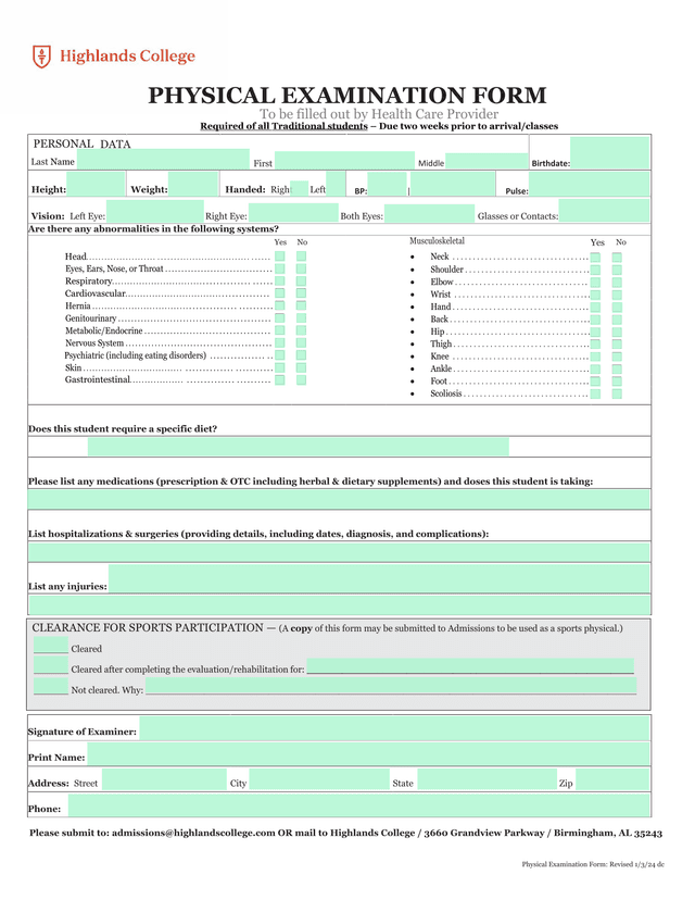 PHYSICAL EXAMINATION FORM screenshot