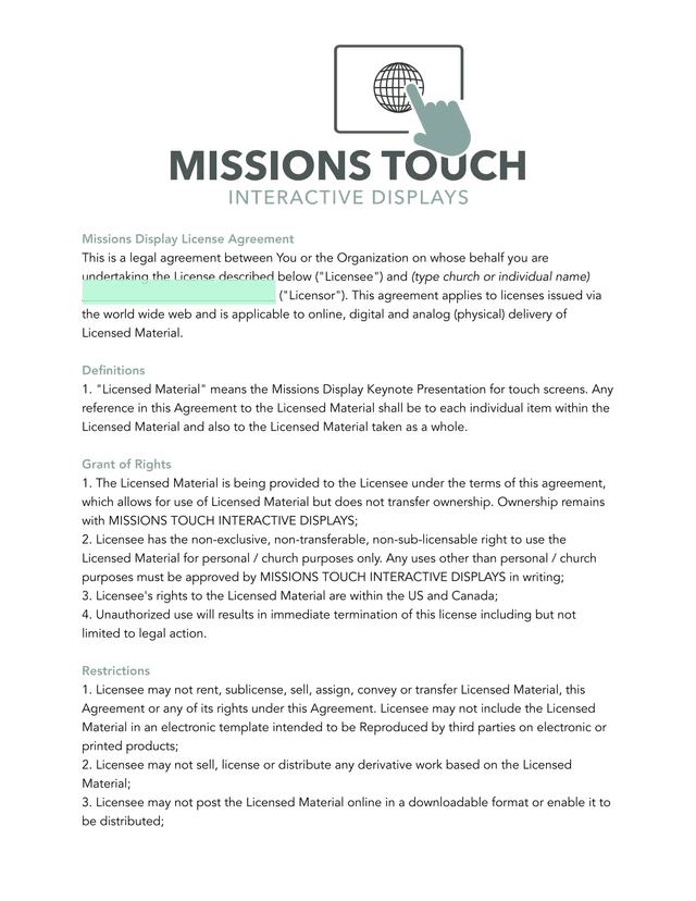 Missions Display License Agreement screenshot