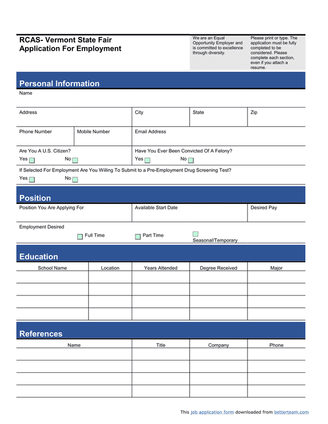 RCAS  Vermont State Fair Application For Employment screenshot