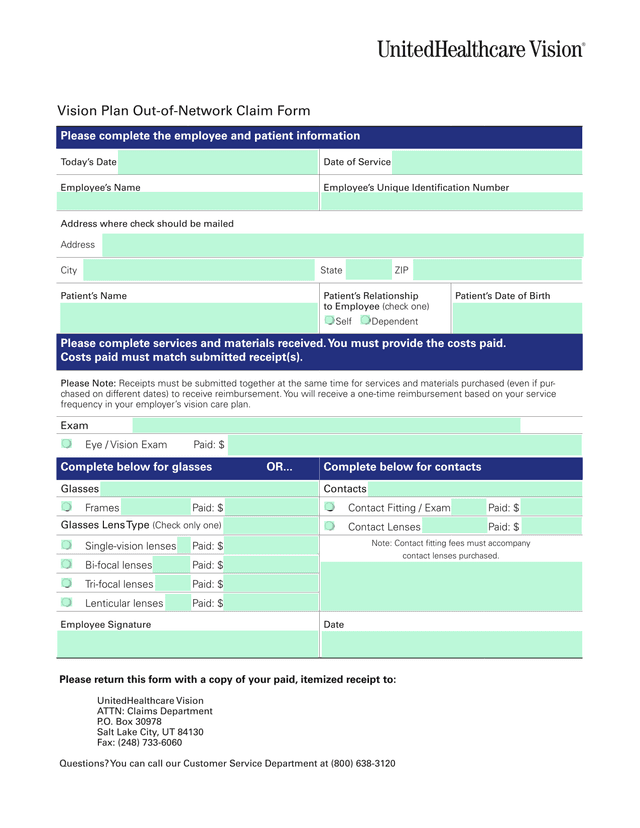 Vision Plan Out Of Network Claim Form screenshot