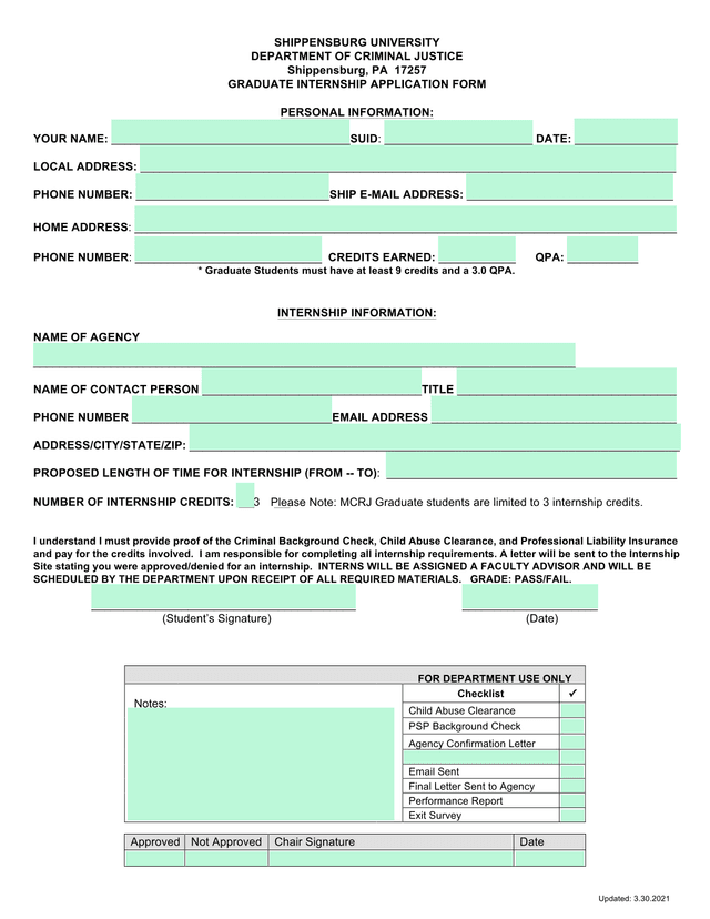 Graduate Internship Application Form screenshot