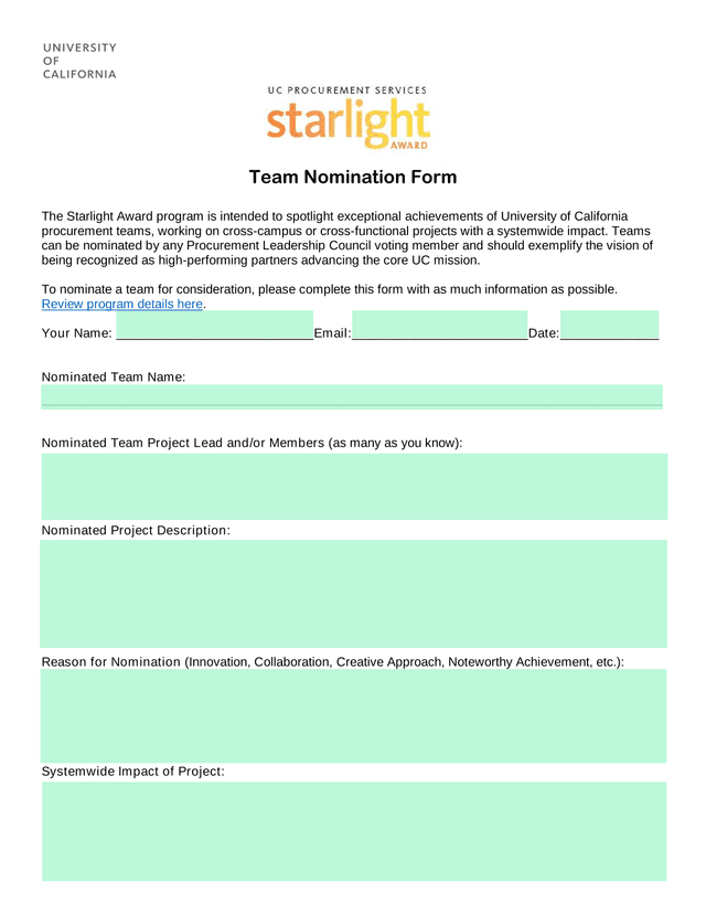 Team Nomination Form screenshot