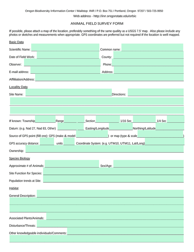 Animal Field Survey Form screenshot