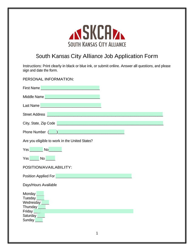 South Kansas City Alliance Job Application Form screenshot