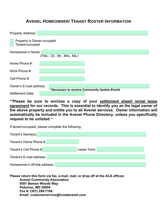 Avenel HomeownerTenant Roster Information screenshot