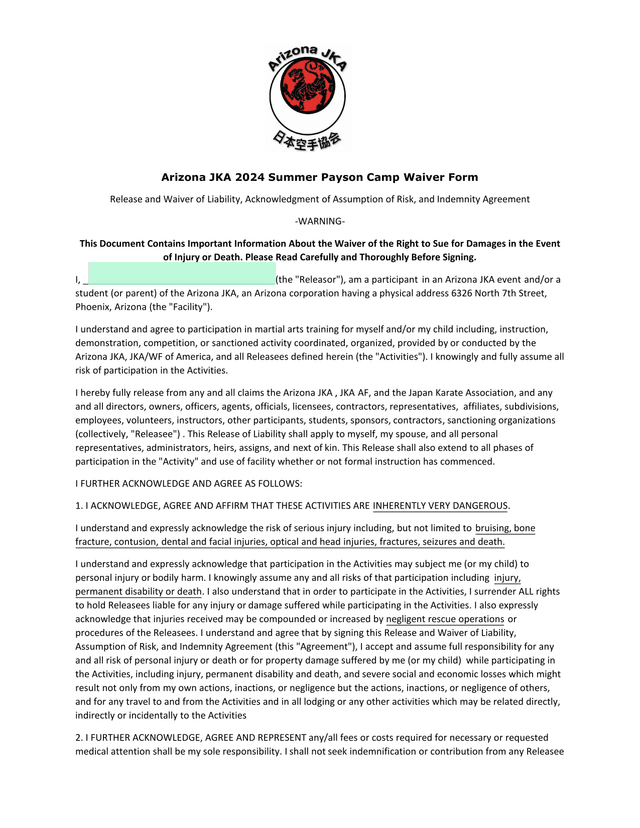 Arizona JKA 2024 Summer Payson Camp Waiver Form screenshot