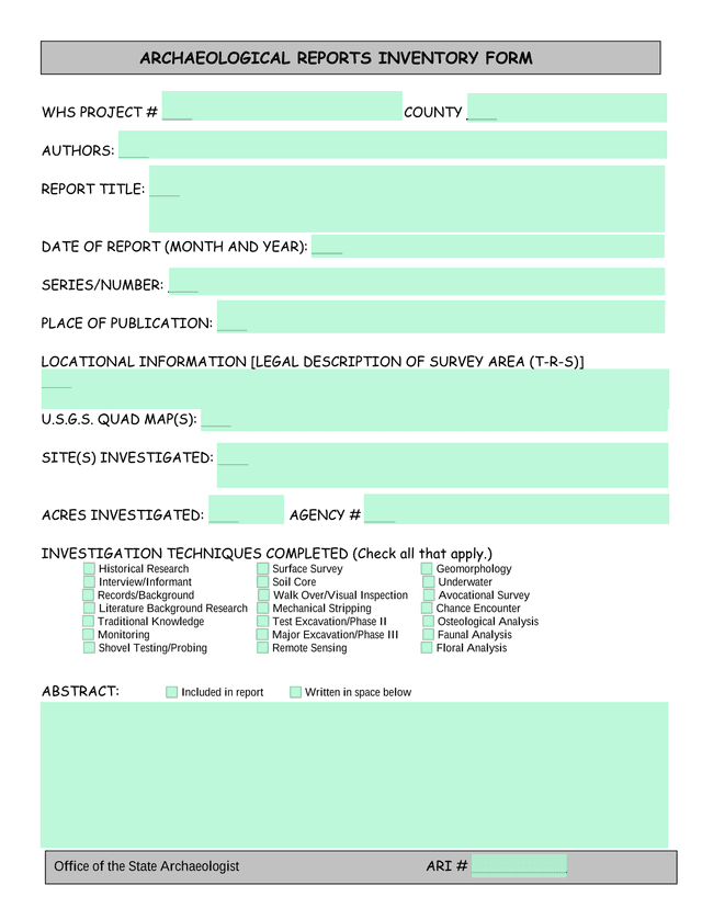 Archaeological Reports Inventory Form screenshot