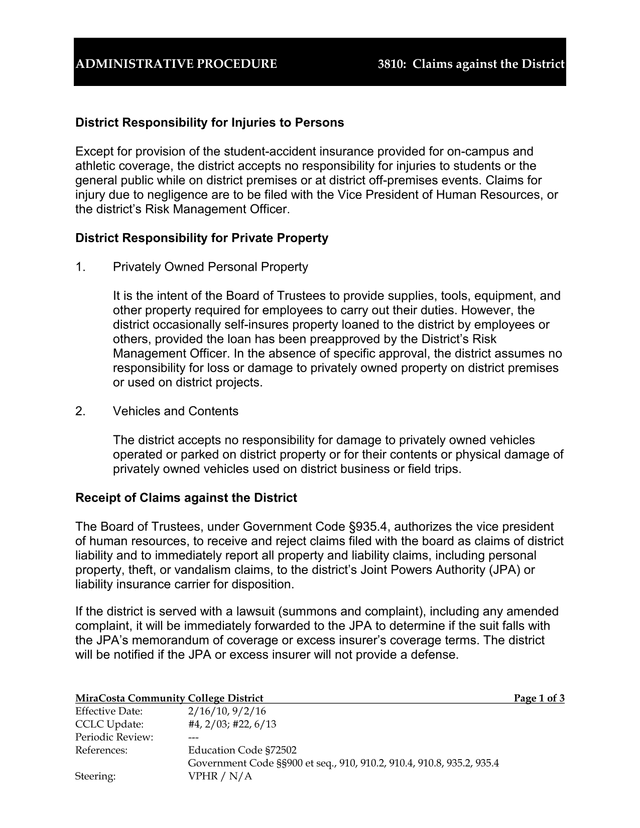 Administrative Procedure 3810 Claims Against The District screenshot