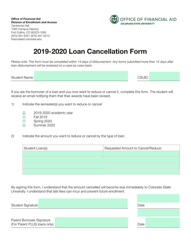 2019 2020 Loan Cancellation Form screenshot