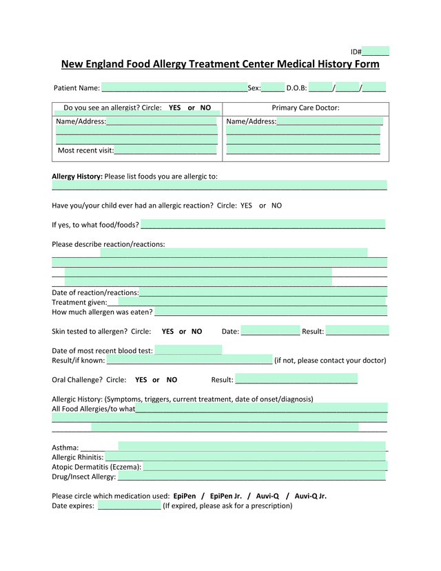 New England Food Allergy Treatment Center Medical History Form screenshot