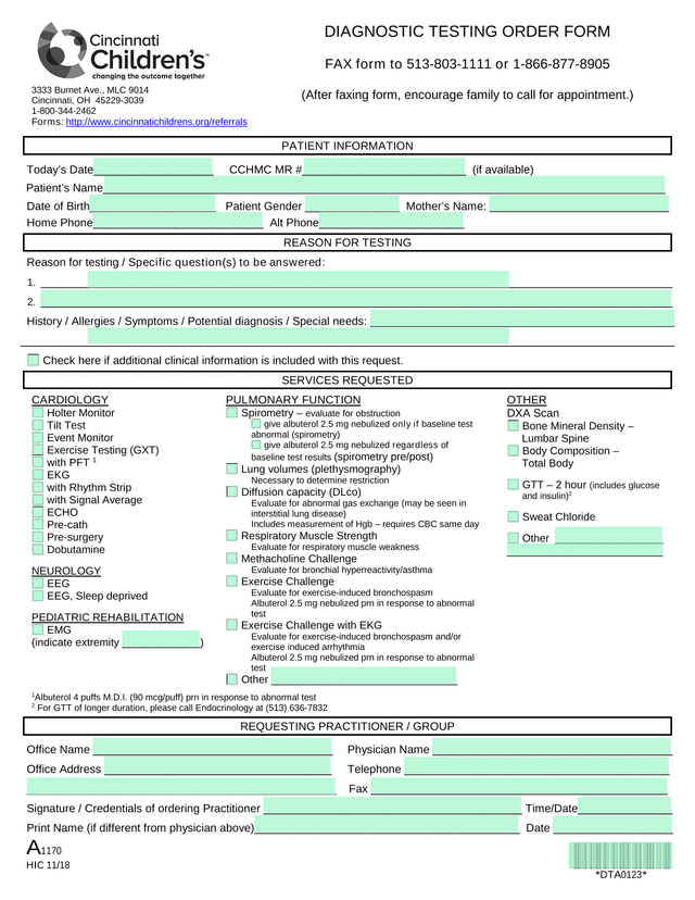 DIAGNOSTIC TESTING ORDER FORM screenshot