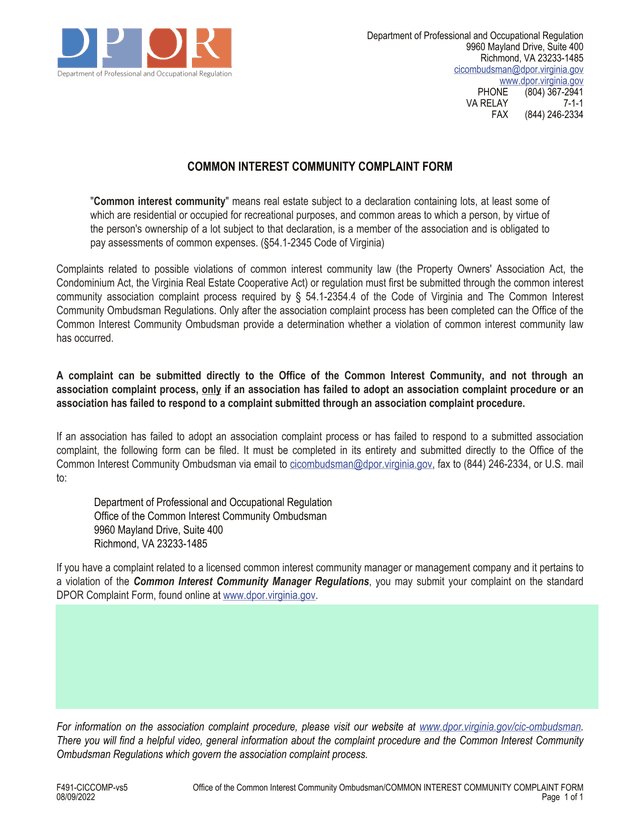 Common Interest Community Complaint Form screenshot