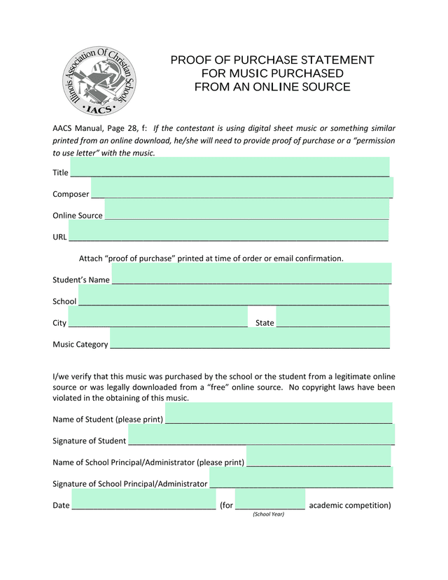 PROOF OF PURCHASE STATEMENT FOR MUSIC PURCHASED FROM AN ONLINE SOURCE screenshot