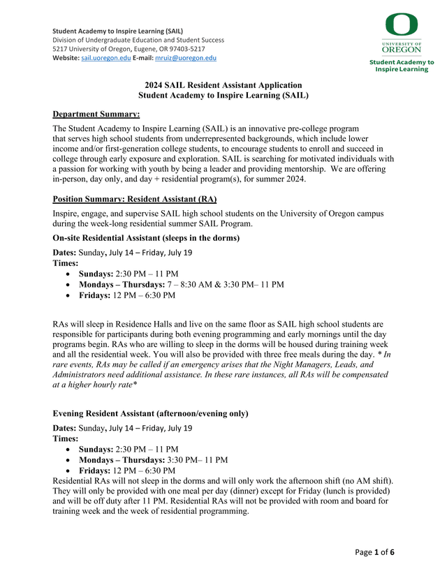 2024 SAIL Resident Assistant Application screenshot