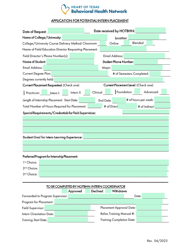 APPLICATION FOR POTENTIAL INTERN PLACEMENT screenshot