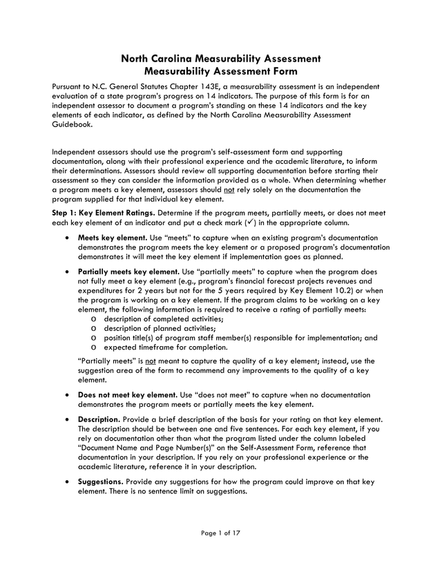 North Carolina Measurability Assessment Measurability Assessment Form screenshot