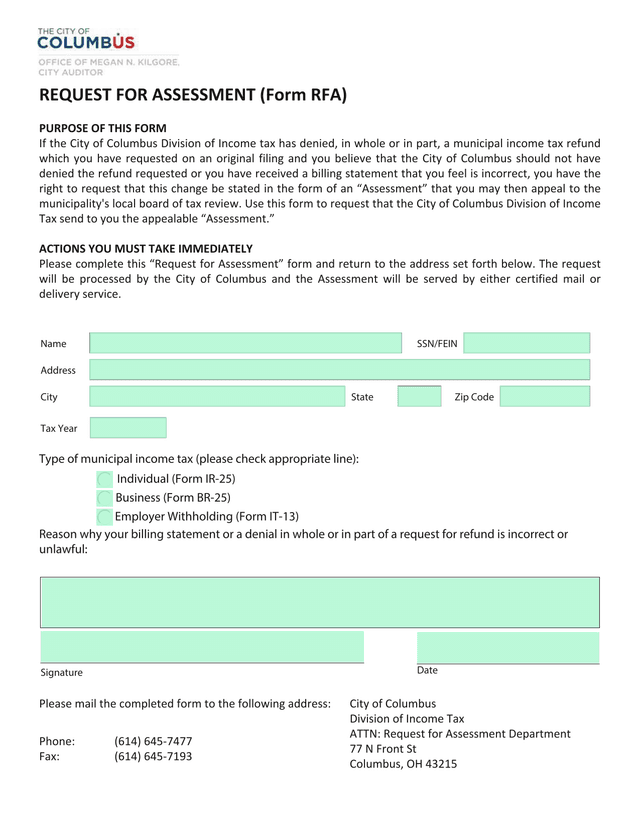 Request For Assessment (Form RFA) screenshot