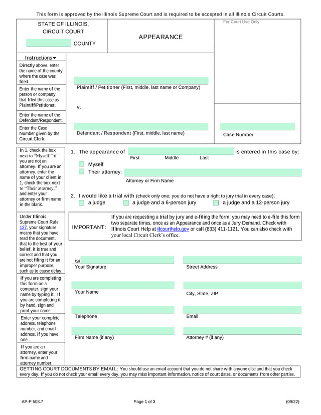 Illinois Circuit Court Appearance Form screenshot
