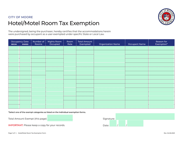 HotelMotel Room Tax Exemption Form screenshot