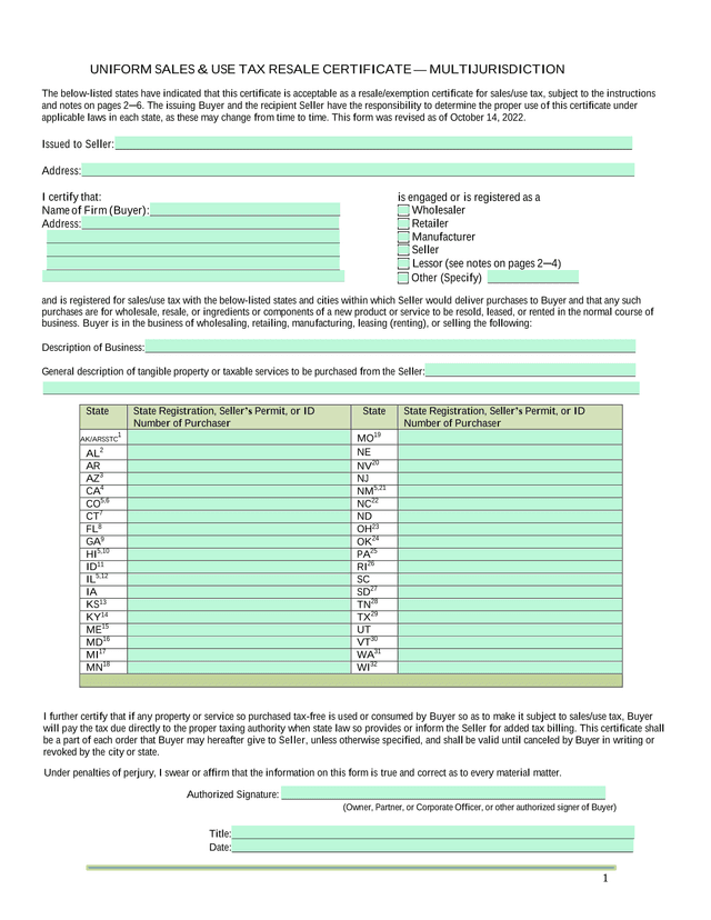 Uniform Sales  Use Tax Resale Certificate  Multijurisdiction screenshot