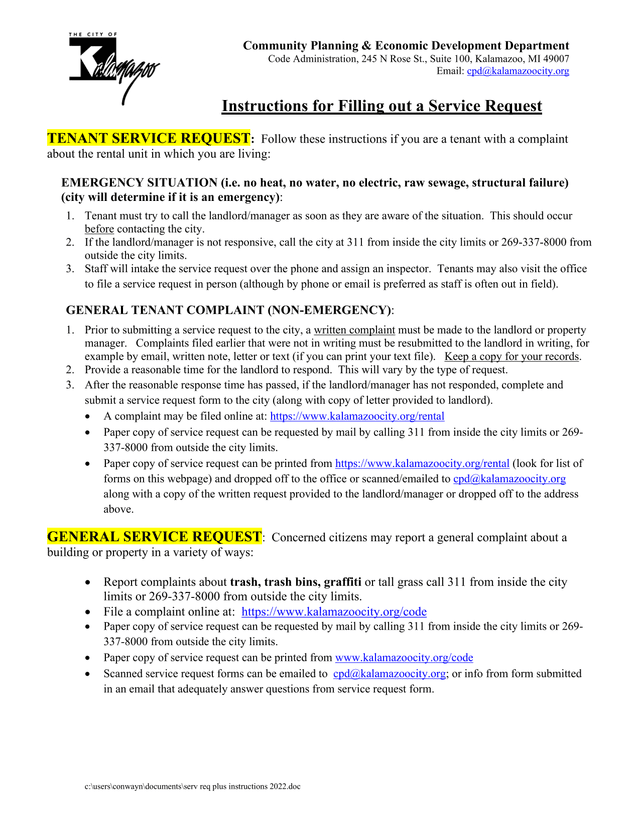 Tenant Service Request Instructions screenshot