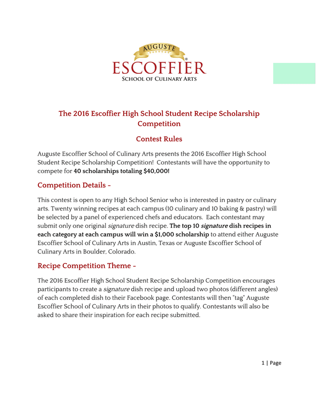 2016 Escoffier High School Student Recipe Scholarship Competition Contest Rules screenshot