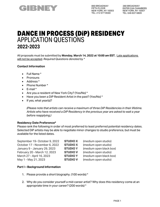 DANCE IN PROCESS (DiP) RESIDENCY APPLICATION QUESTIONS screenshot