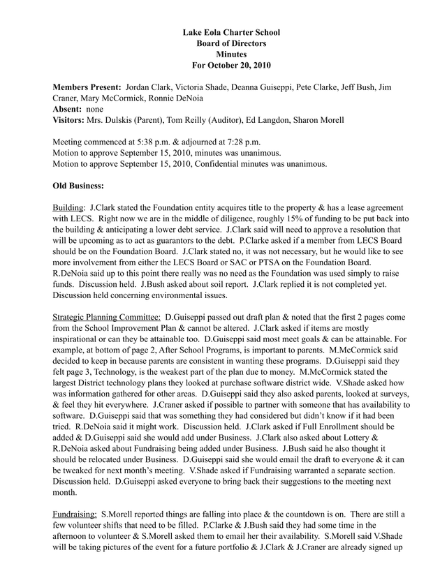 Lake Eola Charter School Board Of Directors Minutes screenshot