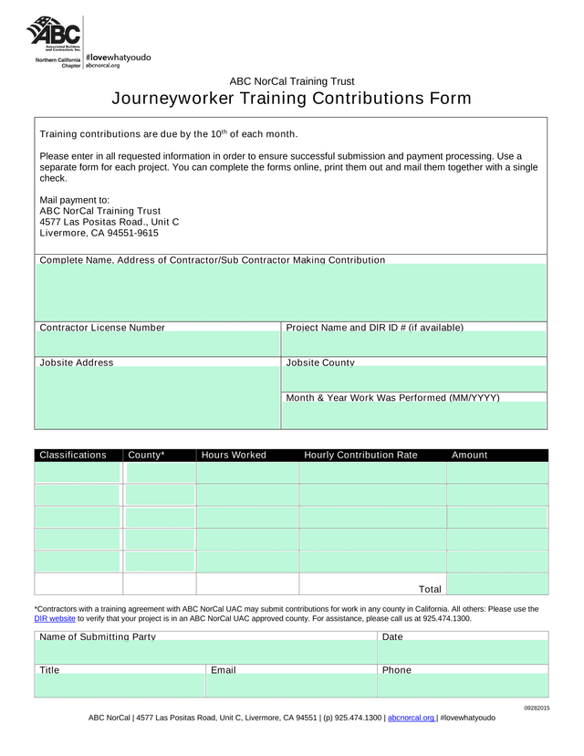 Journeyworker Training Contributions Form screenshot