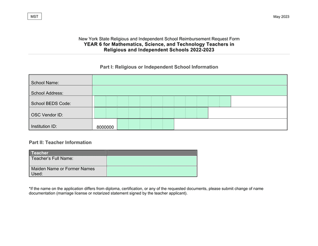New York State Religious And Independent School Reimbursement Request Form screenshot