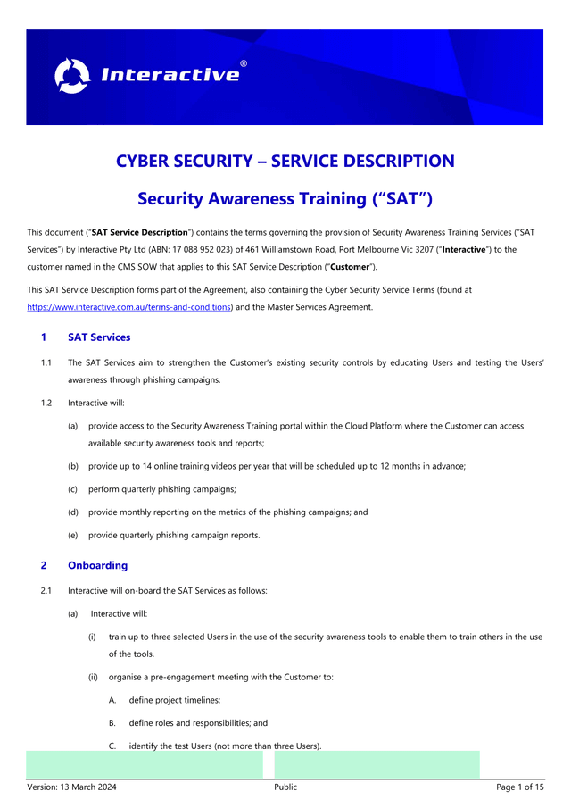Cyber Security  Service Description Security Awareness Training (SAT) screenshot