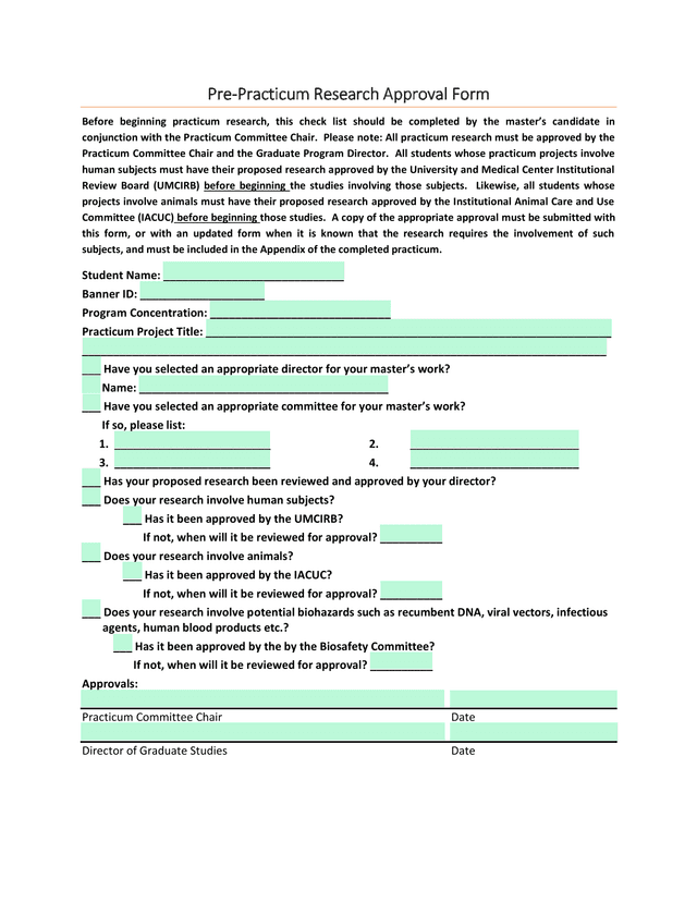 Pre Practicum Research Approval Form screenshot