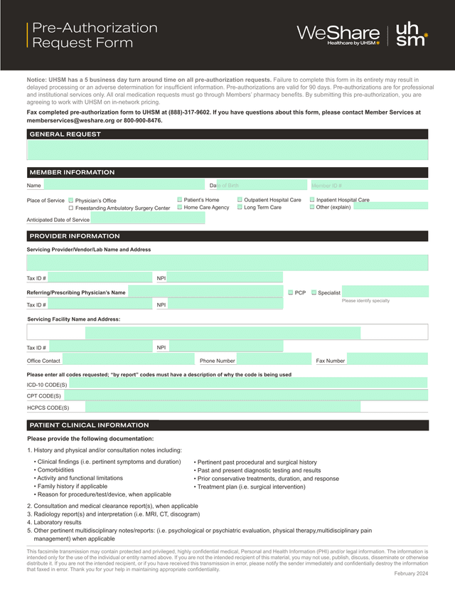 Pre Authorization Request Form screenshot