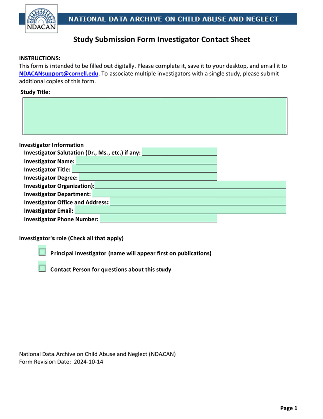 Study Submission Form Investigator Contact Sheet screenshot