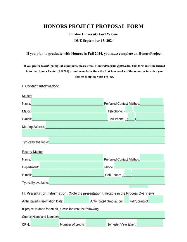 Honors Project Proposal Form screenshot