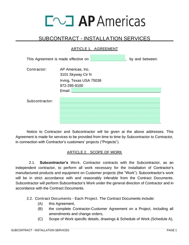 SUBCONTRACT   INSTALLATION SERVICES screenshot