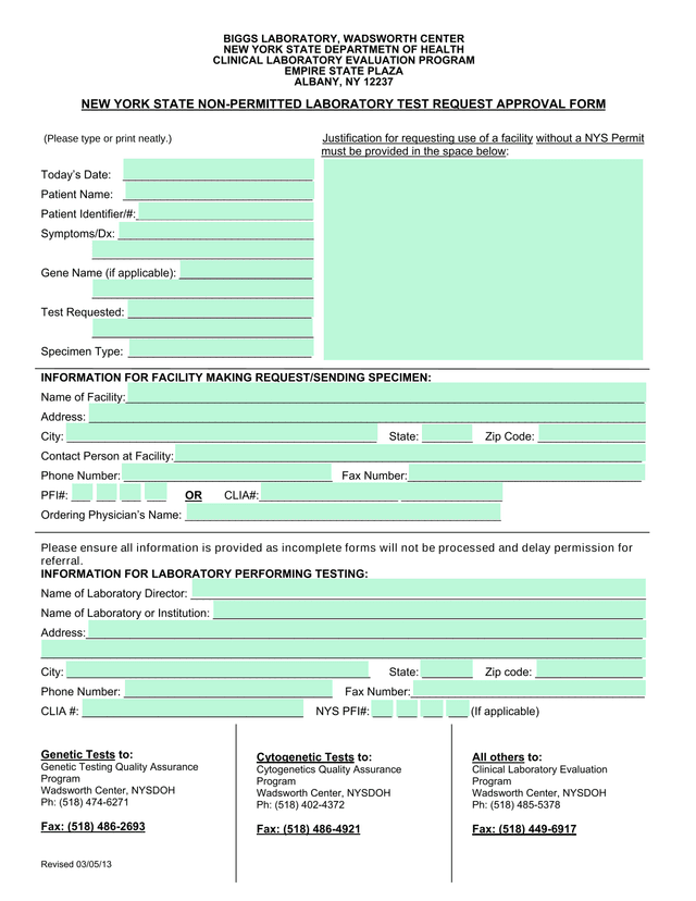 New York State Non Permitted Laboratory Test Request Approval Form screenshot