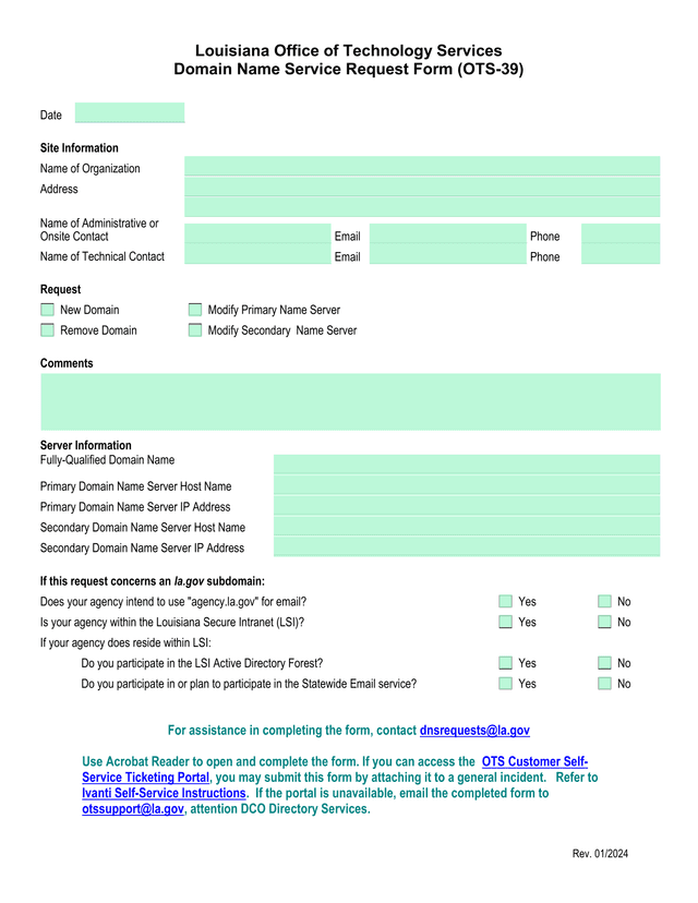 Domain Name Service Request Form (OTS 39) screenshot