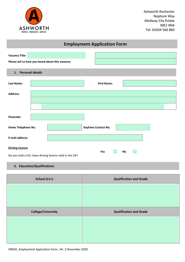 Employment Application Form screenshot