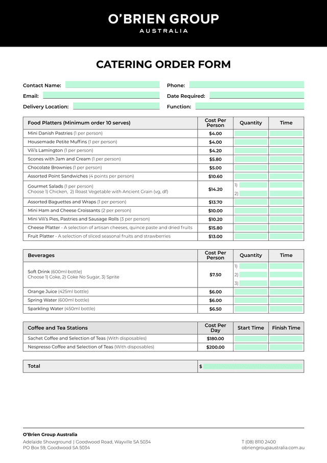 CATERING ORDER FORM screenshot
