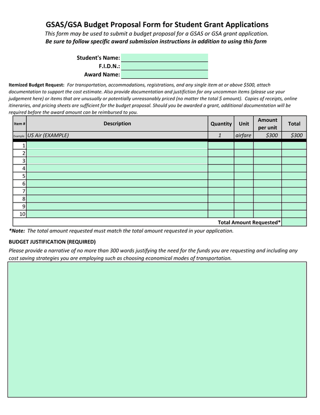 GSASGSA Budget Proposal Form For Student Grant Applications screenshot